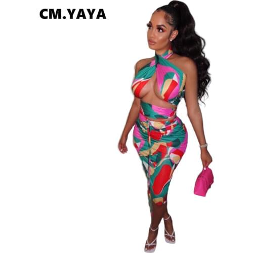 CM.YAYA Women Tie Dye Print Lace Up Twist Crop Tops and Midi Skirts Matching Two 2 Piece Set Sexy Club Party Beach Outfits