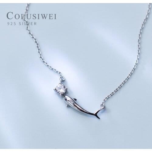Colusiwei Authentic 925 Sterling Silver Cute Dolphins Pendant Necklace for Women Fashion Animal Jewelry Shiny Clear CZ Jewelry