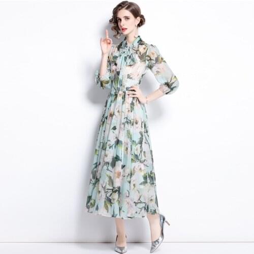 2021 Summer Fashion Runway Bohemian Chiffon Beach Dress Bow Coller Neck Floral-Print Elegant Party Vacation Lantem Sleeve Dress
