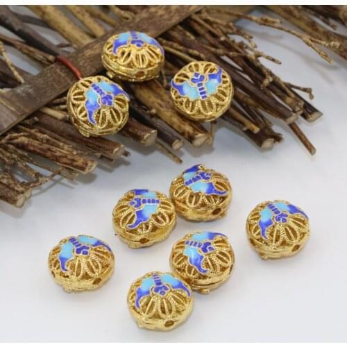 14mm 5pcs gold-color round hollow carved enamel cloisonne spacers beads accessories necklaces/bracelets charms jewelry B2513