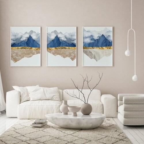 Abstract Poster Mountains Fog Canvas Painting Marble Feeling Wall Picture for Living Room Decor Modern Golden Line Reflection