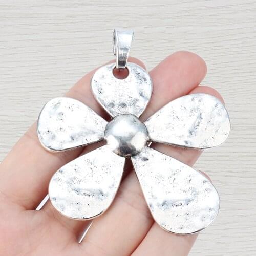 3 x Large Hammered Flower Charms Pendants for Plant Necklace Jewelry Making Findings 68x60mm