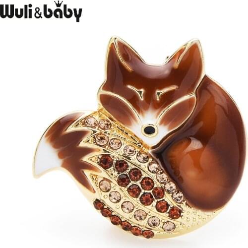 Wuli&baby Sleeping Fox Brooches 6 Colors Enamel Body Full Rhinestone Sparklin Tail Fox Pins Cute Animal Badge New Year Gift 2021