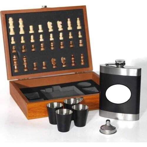 Wooden Boxed Chess Set Stainless Steel Water Bottle Set Set 3bottle Beverage Whiskey Alcohol Cognac Bottle