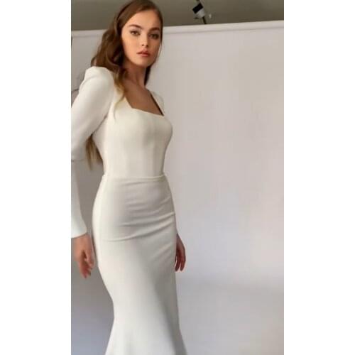 Elegant Long Sleeve Square Neck Wedding Dresses Mermaid Open Back Floor Length Ivory Zipper Back Bridal Gowns for Women