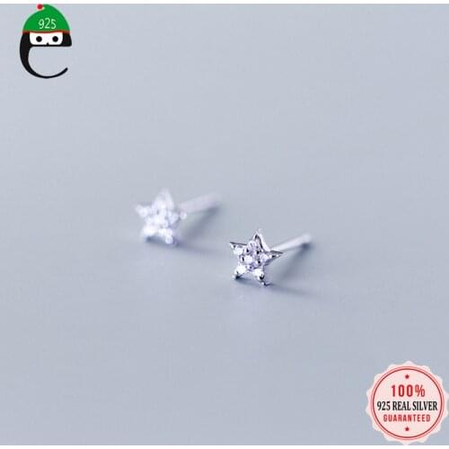 ElfoPlataSi 2019 100% 925 Solid Real Sterling Silver Cute Small Star CZ Stud Earring For Girl Women Fine Silver Jewelry ED22