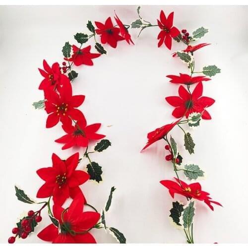 Artificial Red Flower Wreath Christmas Party Decoration Poinsettia Green Leaf Garland For Home Decor Door Ornament