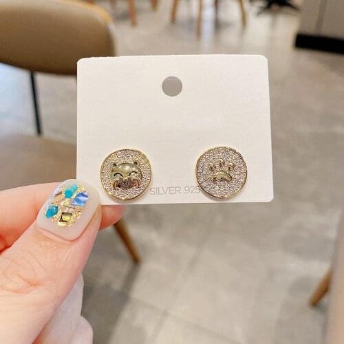 Exquisite AB Style Cute Cat Paw Round Earrings Gold Color Plated Cubic Zirconia Stud Earrings for Women Gift