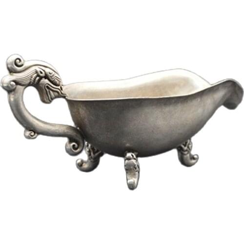 Chinas folk old Tibet silver carving Three feet Dragon ear cup