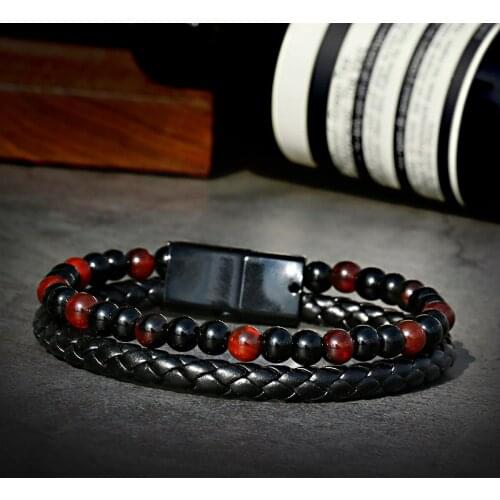 Leather Bracelet For Men Hand Multilayer Male Bracelet Handmade Braided Natural Stone Stainless Steel Magnetic Clasp Bangles