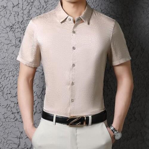 Summer Mens Fashion 2021 Claret Ice Silk Mens Shirts Smooth Satin Clothes Big Size Burgundy Oversize Costume Husband Beige Grey