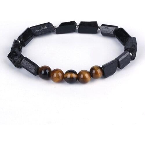 Natutal Raw Rough Black Tourmaline Brown Tiger Eye Stone Bead Charms Unisex Healing Energy Bracelet For Man Women