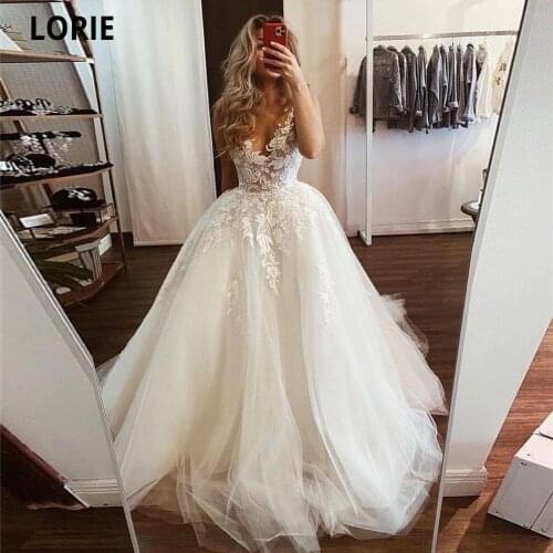LORIE 2021 New Wedding Dresses V-Neck Sleeveless Beach Bridal Gowns Puffy Tulle Lace Appliques Floor Length Princess Party Dress