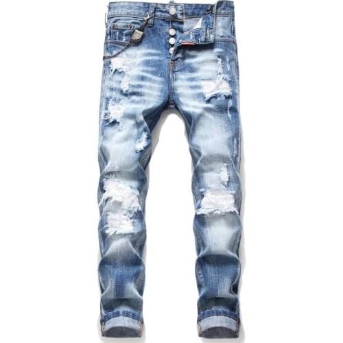 New Mens Skinny Jeans Motorcycle Distressed Worn Out Washed Blue Trousers 2020 Autumn and Winter Youth Men Pencil Pants