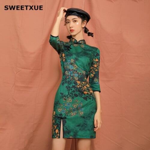 SWEETXUE Autumn Fashion Retro Qipao Dress Floral Printed Deer Velvet Green Elegant Slim Split Half Sleeve Cheongsam Mini Dresses