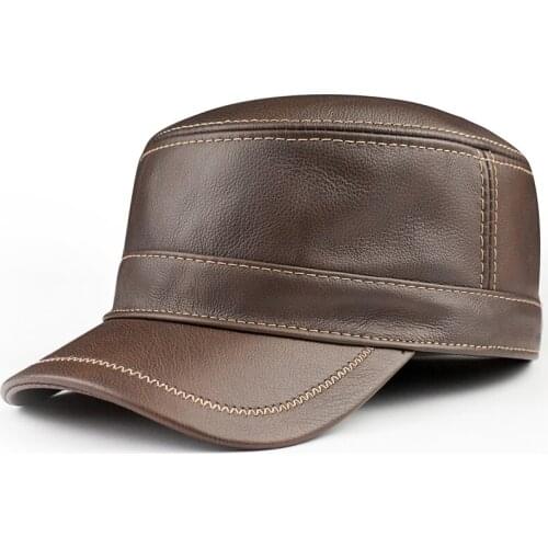 H7694 Men Goatskin Visor Cap Winter Genuine Leather Flat Top Warm Thick Hat Middle-aged and Elderly Male Fashion Casual Caps