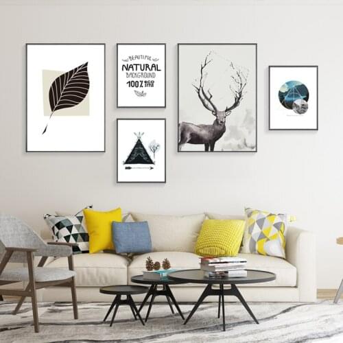 Nordic Style Living Room Decoration Painting Abstract Ink Elk Tree Tent Geometric Pattern Leaves Text Canvas Wall Picture Poster