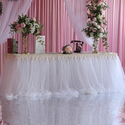 Tulle Table Skirt for Wedding Decor Birthday Baby Shower Party Decoration Tablecloth Two Layer Ice Silk Fabric with Braided Band