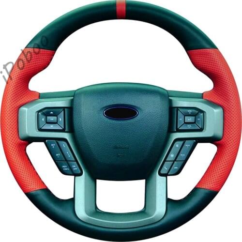 All Black Suede Leather Red Center Stripe Red Stitching Steering Wheel Hand Sewing Wrap Cover Fit For Ford F150 Raptor 2016-2019