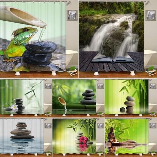 High Quality Zen Stone Fabric Shower Curtain Waterproof Bamboo Spring Bathroom Home Decor Durable Bath Curtains with Hooks