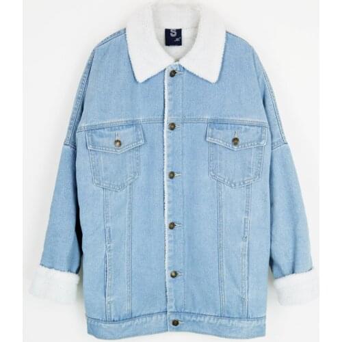 Spring Fur Jean Denim Jacket Winter Blue Women Bomber Jacket Coat with Front Button Flap Pockets