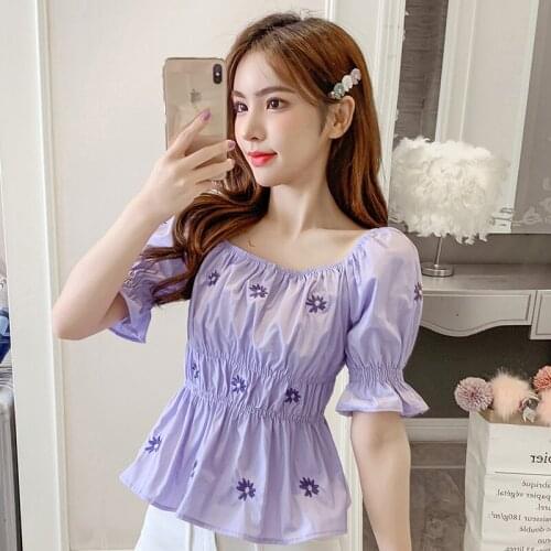 Korean Square Neck Female Shirt Vintage Flower Ruffles Summer Blouses Women Ruffle Sleeve Blusas Mujer Sexy Short Tops