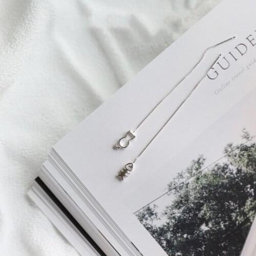Fresh Cute Kitten Hollow Cat Bones Asymmetric Creative 925 Sterling Silver Personality Fashion Female Dangle Earrings SEA339
