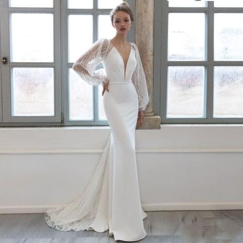 Elegant Wedding Dresses Jersey Pleat V-Neck Full Sleeve Backless Mermaid Bridal Gowns Novia Do 2021 New Party