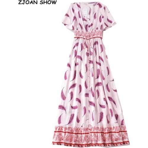 2020 BOHO Location Feather Print Short Sleeve Dress Slit Holiday Women Elastic Waist Single-breasted Buttons Maxi Long Dresses