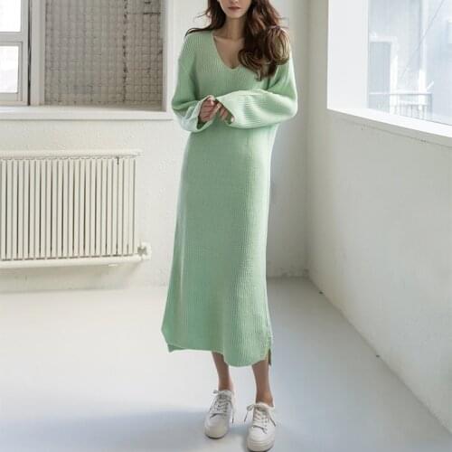 Womens Straight Knitted Maxi Dress Autumn Solid Color Warm Dress Casual Loose Wild Sweater Dress