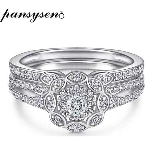 PANSYSEN 2pcs 925 Sterling Silver High Carbon Diamond Zircon Engagement Rings Wedding Bridal Sets Fine Jewelry Ring Wholesale