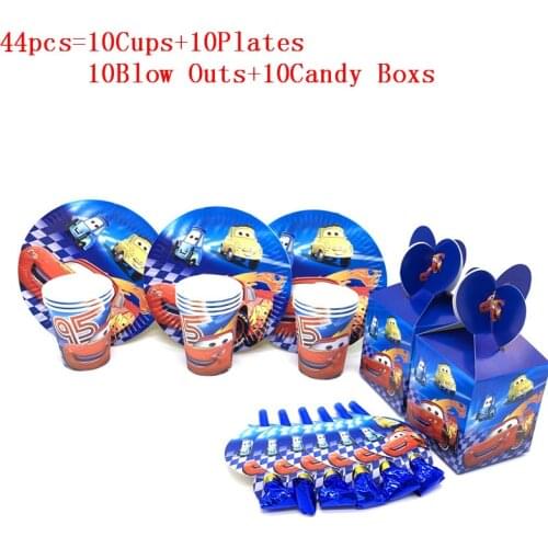 44Pcs/Lot Disney Cartoon Cars Lightning McQueen Kid Girl Birthday Paper Cups+Plates+Blow Out+Candy Boxs Family Party Supplies