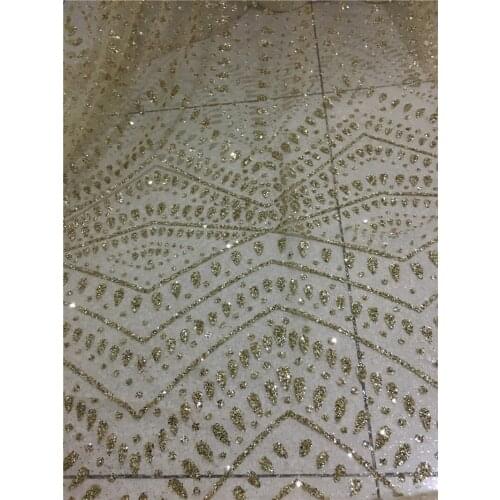 Gold color shinning french net fabric YG-251 with glued glitter 5yd/lot glued glitter tulle lace fabric for evening dress
