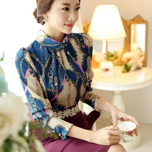 Women Blouses New Fashion Korean Office Style Elegant Turtleneck Women Long Sleeve Blouse Printed Chiffon Women Shirts Tops