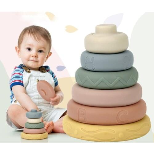 Baby Sensory Silicone Toy Montessori Educational Building Blocks Stacking Babies Rubber Teether Squeeze Circle Toys For Infant
