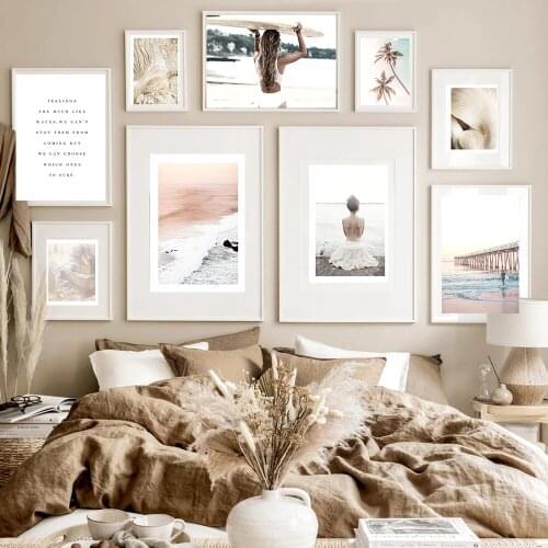 Surfboard Woman Poster Beach Girls Canvas Painting Seascape Wall Art Pictures For Living Room Palm Modern Home Decorative Prints