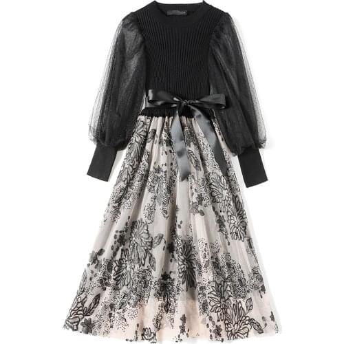 Elegant O-neck Mesh Dress Women Lantern Sleeve A-line Knit Patchwork Sequined Embroidery Floral Knitted Dress Robes Mujer