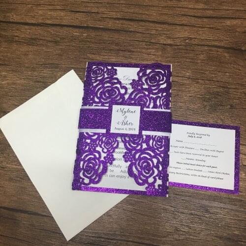 2018 hot sell luxurious romantic laser cut glitter paper purple color rose laser cut wedding invitation card 50pcs