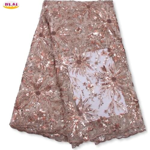 Top Sale Gold Lace Sequins Embroiderd African Lace Fabric High Quality French Lace Fabric 5yards For Wedding Dress NA4388B-1