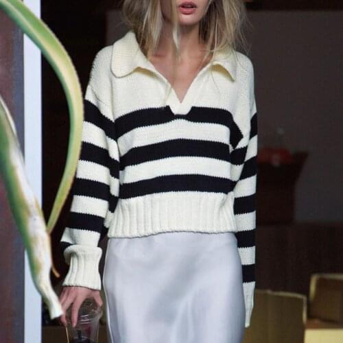 Fashion Stripe Autumn Winter Sweater Women Loose Turn Down Collar Pullover Cropped Tops Korean Knitted Sweaters Short