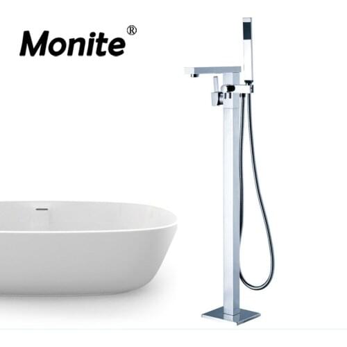 Monite Solid Brass Floor Stand Faucet Polished Chrome Brass Shower Faucet Set Handheld Shower Mixer Tap Free Standing Shower Set