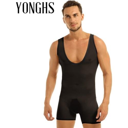 Mens Lingerie Sex Bodysuit Underwear Stretch Mesh See Through Sheer Sleeveless Scoop Neck Jockstrap Bodysuit Jumpsuits Underwear