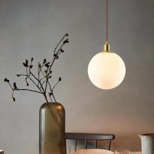 Nordic Simple Brass Pendant Lamp Personalized Creative Bedside LED Lamp Single Head White Glass Ball Pendant Lights
