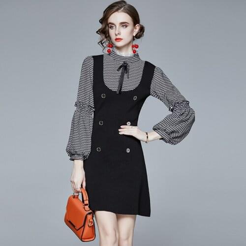 New Fake Two-Piece Woman Dress Elegant Lantern Sleeve Double-Breasted Waist Plaid Splicing Office Lady Above Knee, Mini Dress