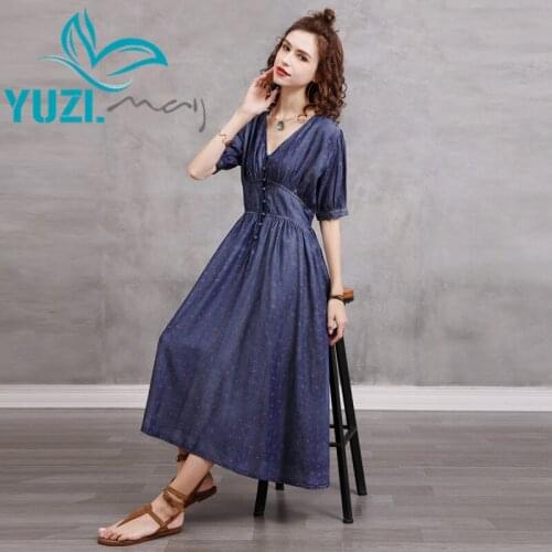 Dress Female 2021 Yuzi.may Boho New Denim Women Dresses V-Neck Floral Print Short Sleeve Elastic Back Vestidos A82313 Vestido