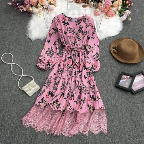 New French Dress Women Temperament Round Neck Slim Mid-Length Pleated Design Lace Edge Holiday Floral Dress Sashes Robes zh494