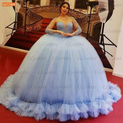 Dubai Sky Blue Beaded Wedding Dresses O Neck 2021 vestido de noiva Corset Arabic Bride Gowns For Women Custom Made suknia slubna