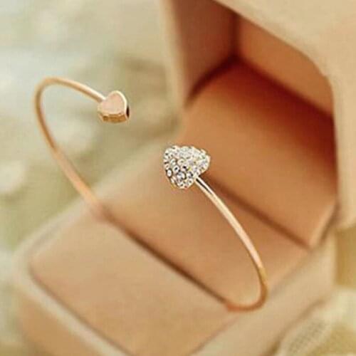 Adjustable Crystal Double Heart Bow Cuff Opening Bracelet Hot New Fashion Women Jewelry Gift Mujer Pulseras