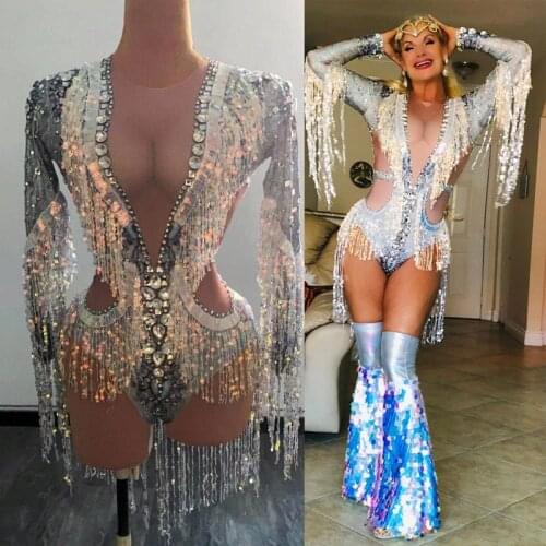 Silver Rhinestones Glitter Sequins Tassel Sleeve Bodysuit Women Stretch Fringe Dance Costume Club Bar Singer Leotard Stage Wear