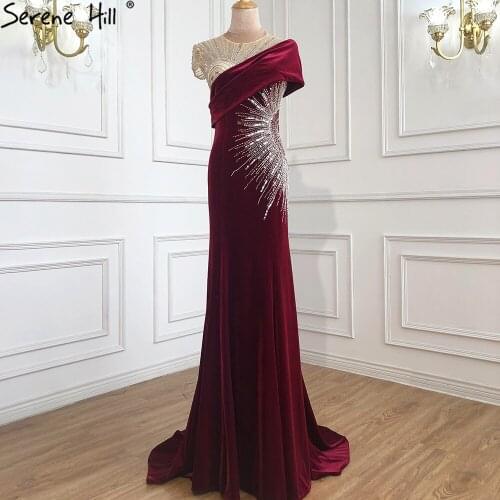Serene Hill Wine Red Velvet Mermaid Luxury Evening Gowns 2021 Cap Sleeves Beading Elegant For Women Party LA70939